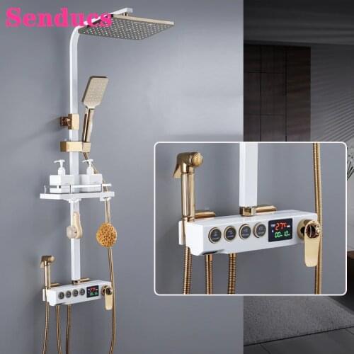 Waterfall Shower Set Senducs Newly Product Thermostatic Shower System Waterfall Bathroom Faucet Digital Waterfall Shower Set