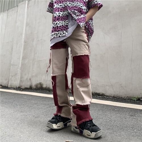 High Street Color Block Fringe Denim Trousers Mens Straight Tassel Spliced Jeans Oversize Ripped Loose Casual Jean Pants