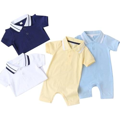 Infant Newborn Baby Boy’s Short Sleeve Jumpsuit Summer Fashion Solid Color Button Lapel One Piece Short Pants Gentleman Romper