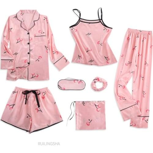 Summer Silk Satin Pajama Sets Plus Size Turn-down Pijama Top Plus Size Sexy 7 Pieces Pijama Mens Pajamas girl new fashion
