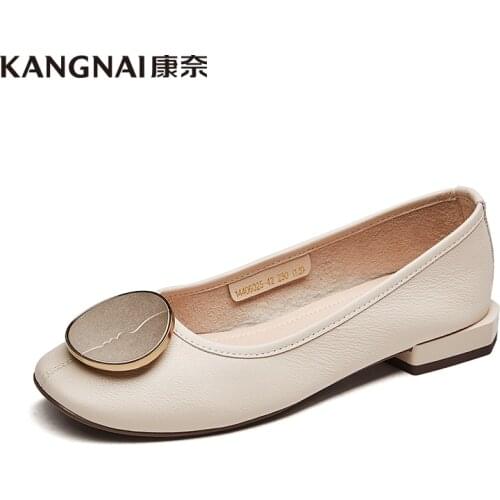 KANGNAI Women Flat Genuine Leather Casual Shallow Slip-On Metal Decoration Square Toe Loafers Comfortable Ladies Shoes