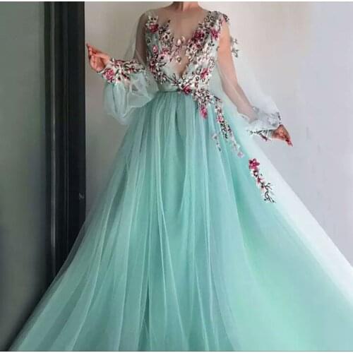 Pretty Mint Green Floral Embroidery Lace Prom Dresses Puff Full Sleeves Illusion O-neck A-line Party Dress Vestido Formatura