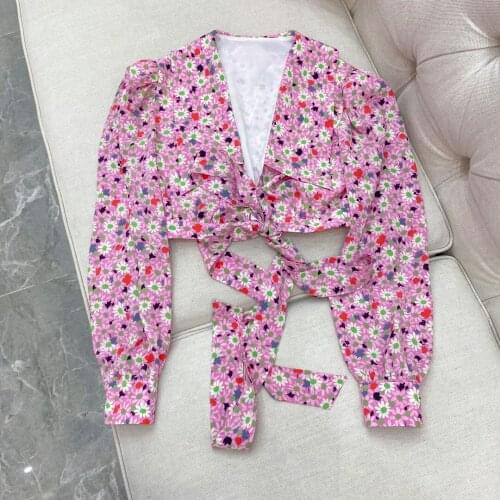 Fashion 2021 new women long-sleeved sexy casual lace-up printed silk top 0316