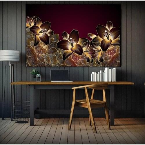 Golden Plant Flowers Leaf Canvas Painting on The Wall Art Posters Prints Wall Pictures for Living Room Home Wall Cuadros Decor