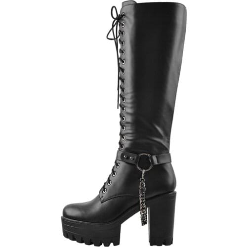 Onlymaker Womens Black Matte Platform Front Lace-Up Side Zip Knee High Boots Lady Fashion Classic Big Size Long Boots