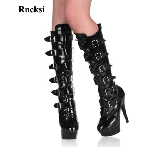 Rncksi Fashion Women Buckle Straps Round Toe Boots Party Quee High Heels Shoes Boots Dance Shoes 15cm Heels High Knee High Boots