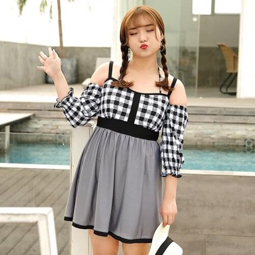 Sexy Plaid One Piece Large Swimsuits Female Plus Size Sling Skirt Swimwear Push Up Bathing Suit Pool Beach Womens Swimming Suit