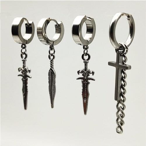 Cross leaf cross men punk stud earrings stainless steel women non piercing silver circle hiphop earrings fashion jewelry gifts