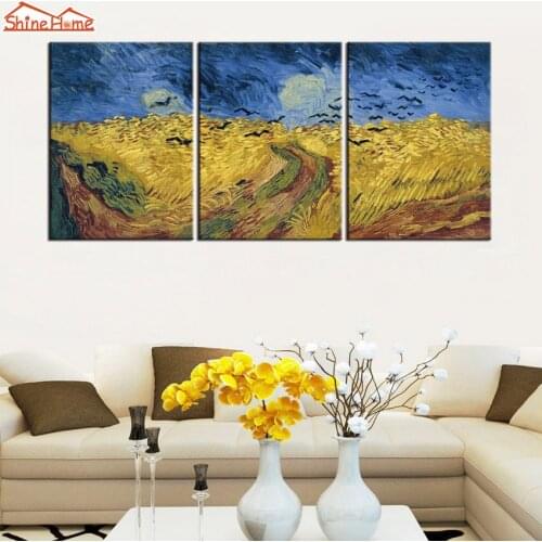 ShineHome-3pcs Van Gogh Abstract Oil Painting on Canvas Triptych Gold Wheat Field Crow Modular Picture Print for Livingroom Wall