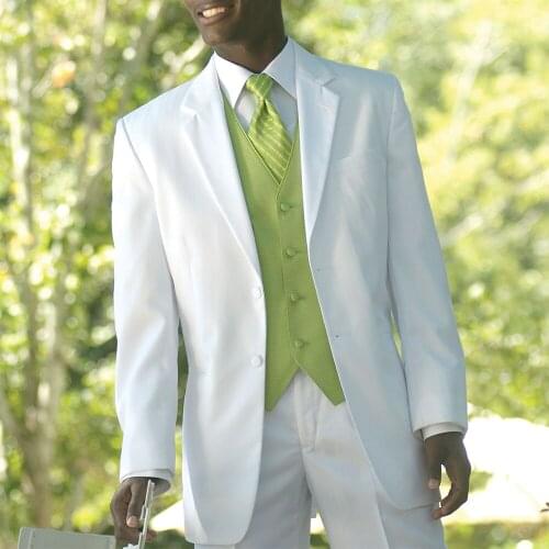 Custom Made Groom Tuxedo, Bespoke White suits with light green vest / waistcoat, Tailor Made Wedding Suits for men