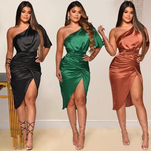 Sexy Women Dress One Shoulder Solid Color Bodycon Party Night Clubwear Split Out Clothes For Women Outfit