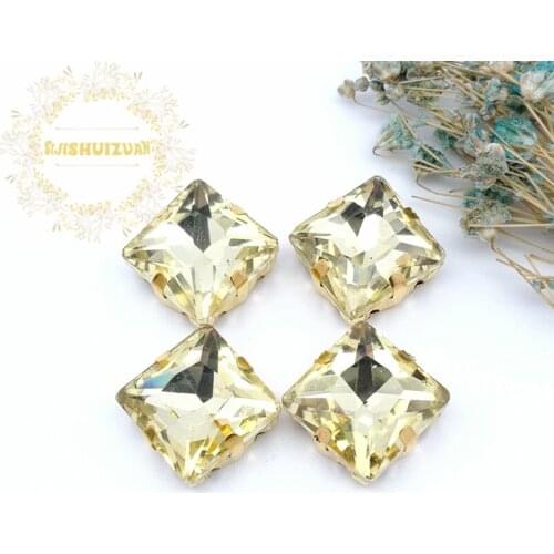 Classic style Light yellow Square Glass Crystal sew on rhinestones with gold claw Diy wedding dress accessories free shipping