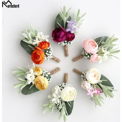 Meldel Wedding Corsage and Boutonniere Bride Wrist Corsage Bracelet Men Boutonniere Girl Bracelet White Artificial Silk Rose