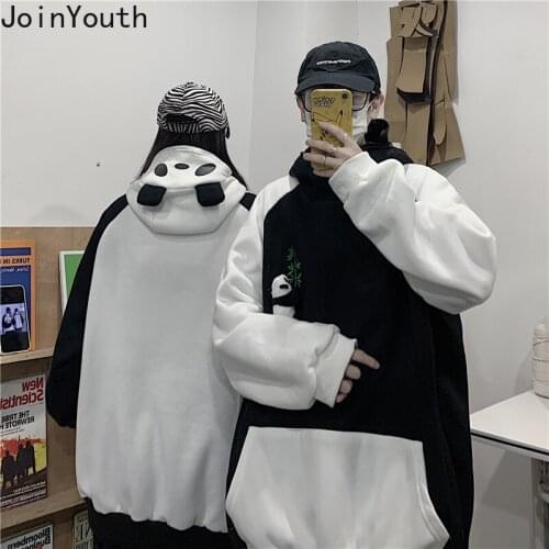 Joinyouth Fashion Hoodies Zipped Panda Hooded Pullovers Harajuku BF Streetwear Oversized Outwear Contrast Color Sweatshirt Tops