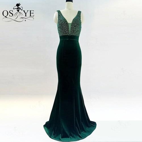 Green Pearls Evening Dress Velvet Mermaid Prom Gown Sexy V Neck Party Dress Open Back Formal Dress Sweep Train SleevelessVestido