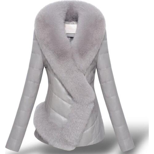 Pu Leather Autumn and Winter Coat Women New Leather Fur Thicken Down Jacket Coat Ffemale Imitation Fox Fur Short Slim Fur Collar