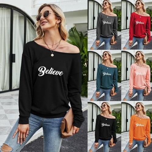 Womens round neck long-sleeved solid color pure cotton casual loose fashion T-shirt with English alphabet pattern