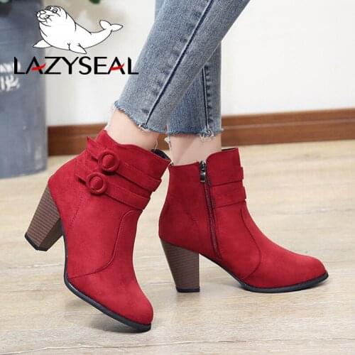 LazySeal Zipper High Heel Women Boots Shoes Mid-calf Boot heels Women Winter Shoes Round Toe Womens Platform Boots Heels