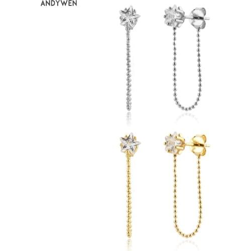 ANDYWEN 925 Sterling Silver Gold Star Zircon Beads Chain Piercing Pendientes Clips 2021 Women Dangle Earring Wedding Crystal