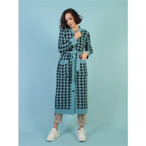 Female Cardigan Houndstooth Print Long Sleeve Coat with Pockets and Waist Belt for Spring Fall