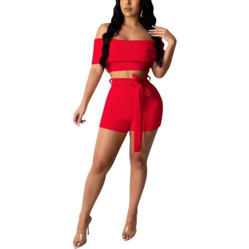 Womens Short Sleeve and Shorts Suit Fashion Solid Color Off-shoulder Cropped Tops and Bandage Tight Shorts