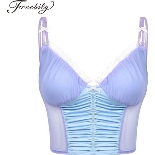 Women Girl Summer Casual Tank Tops Fashion Lace Trimming Mesh Patchwork Crop Top Front Ruffle Bow V Neck Backless Camisole Vest