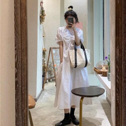 Woman Dress V-neck White Short-sleeved Dress Female Summer New Korean Style High Waist A-line Mid-length Skirt Trend