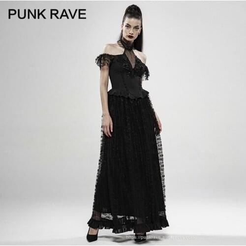 PUNK RAVE Womens Gothic Gorgeous Off Shoulder Fly Sleeves Lace Dress Flower Chiffon Low Breasted V Neck Sexy Club Party Dress