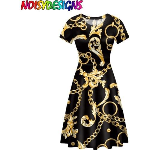 NOISYDESIGNS Dresses For Women Party Golden Chain Flowers Summer Dress 2021 Euporean Pattern Retro Dress Women Roupas Femininas