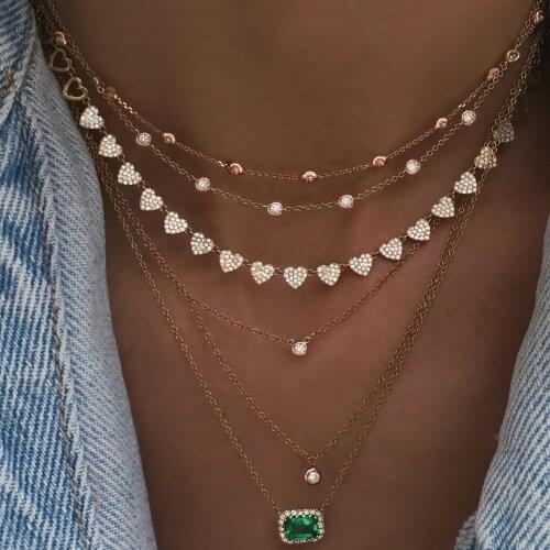 Boho Fashion Pendant Necklaces For Women Vintage Gold Heart Shape Crystal Green Stone Necklace Multilayer Female Jewelry Gift