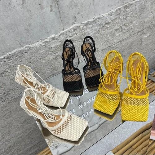 2021Sexy Hollow Out Mesh Women Pumps Lace-Up Sandals Female Square Toe High Heel Summer Fashion Ankle Strap Party Dress Shoe