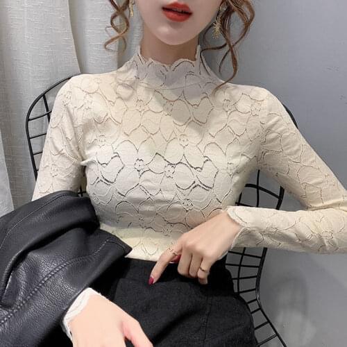 Fashion Women Lace Blouse Shirt 2020 Autumn Solid Sexy Hollow Out Long Sleeve Elegant Slim Bottoming Shirt Basic Ladies Tops