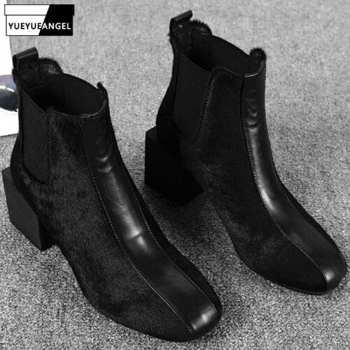 Thick High Heel Chelsea Boots Women Shoes Fashion Black Horsehair Cowhide Spliced Ankle Boots Autumn Winter Party Office Booties