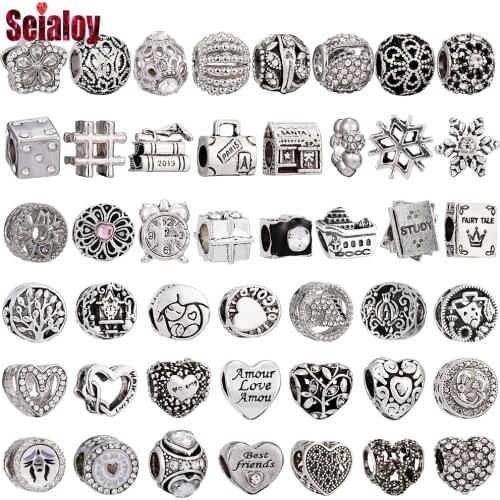 Seialoy Silver Color Round Maternal Love Beaded Heart Charm Fit Snake Chain Bracelets Snowflake Dice Beads Jewelry Accessory