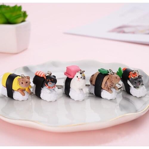 Japanese Food Cute Cartooon PVC Cat and Sushi Men 's Keychain Car Auto Keyring Metal Keychain Key Ring Pendant Jewelry