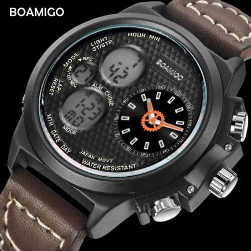 BOAMIGO brand men quartz watches fashion sport brown leather watches digital water resistant gift wristwatches relogio masculino