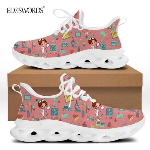 ELVISWORDS Women Kawaii Nursing Shoes White Pink Medical Nurse Print Vulcanized Shoes Non-slip Sport Sneaker Teen Girls Leisure