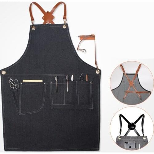 Handmade Denim Work Apron Barista Hairdresser Restaurant Florist Uniform Adjustable Strap More Pockets Professional Denim Apron