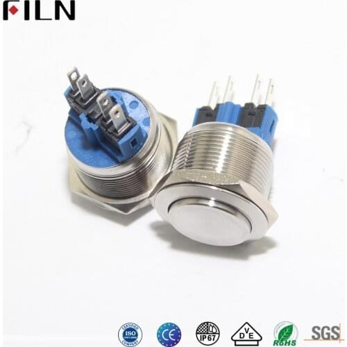 FILN momentary push button CE 22mm diameter high flat metal switch with solder pins