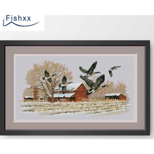 Fishxx Cross Stitch Package D825 Flying Wild Goose Handmade Embroidery Motif In A Hut This bag is not a pillow