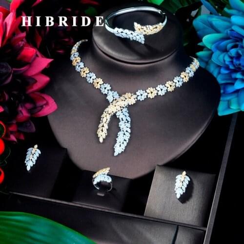 HIBRIDE Unique Design Leaf Shape Double Tone Dubai Jewelry Set CZ Earrings Necklace Women Bridal Jewelry Set Party Gifts N-897