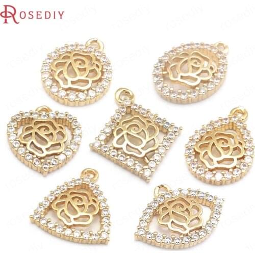 10PCS 24K Champagne Gold Color Brass and Zircon Round Rose Charms Pendants Jewelry Making Supplies Diy Findings Accessories