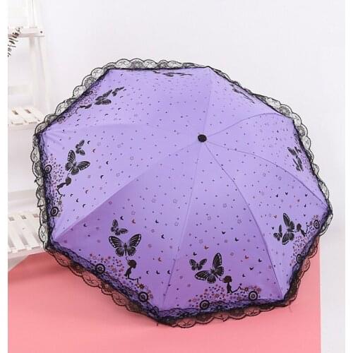 Butterfly Girl Lace Umbrella Lace Sunshade Sun Umbrella Folding Dual-use Vinyl Tri-fold Umbrella Sunny Rain