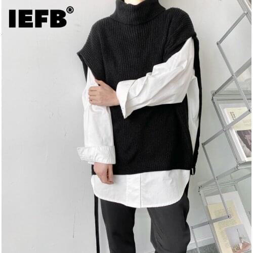 IEFB 2021 Male And Female Pullover Sweater Vest Solid Color Deconstruction Trend Loose Stand Collar Irregular Split Black White