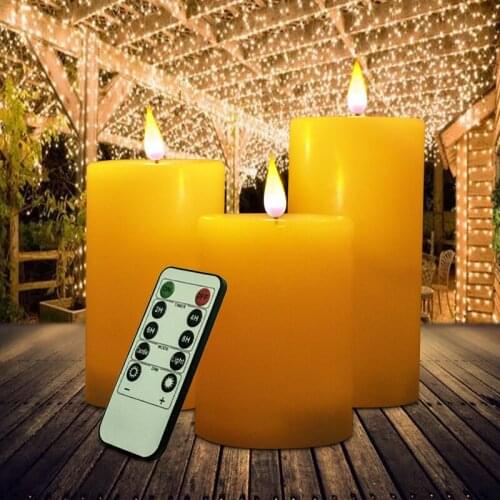 Set of 3 Remote controlled Flickering 3D Flame Battery Operate Led Candle w/Timer Pillar Paraffin Wax f/Xmas Wedding Home Bar