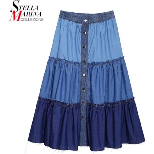 New Multicolor Blue Patchwork Woman Autumn A-Line Denim Skirt Style Elastic Waist Girls Stylish Jean Street Casual Skirt 8532