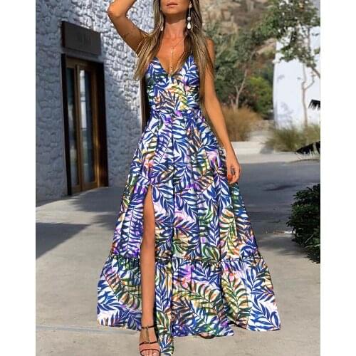 Women Leaf Print Dress Ladies Fashion Sexy V Neck Wrap Sleeveless Split Women Summer Leaves Sundress Vestido De Mujer