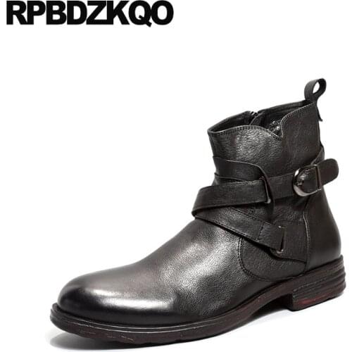 Vintage Motorcycle Boots Handmade Stylish Runway Black Riding Designer Chunky Short Full Grain Men Fall Brown 2018 Zipper Shoes