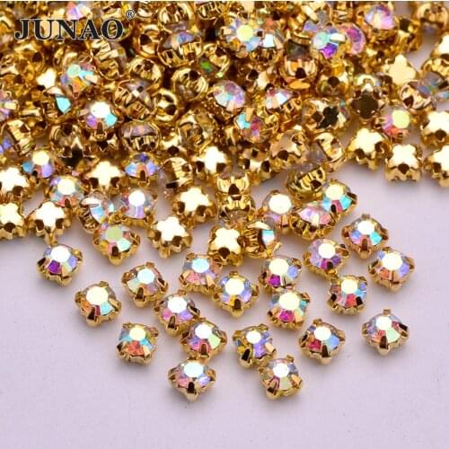 JUNAO SS12 Sewing Gold Color Claw Rhinestones Glass AB Crystals Stones Sew On Flatback Strass For Clothes Dress Crafts 1440pcs