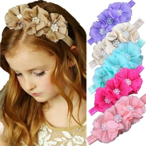 100Pcs Princess Kids Triple Chiffon Flowers Headband Baby Girls Elastic Peal Hairband Hair Accessories For Photography